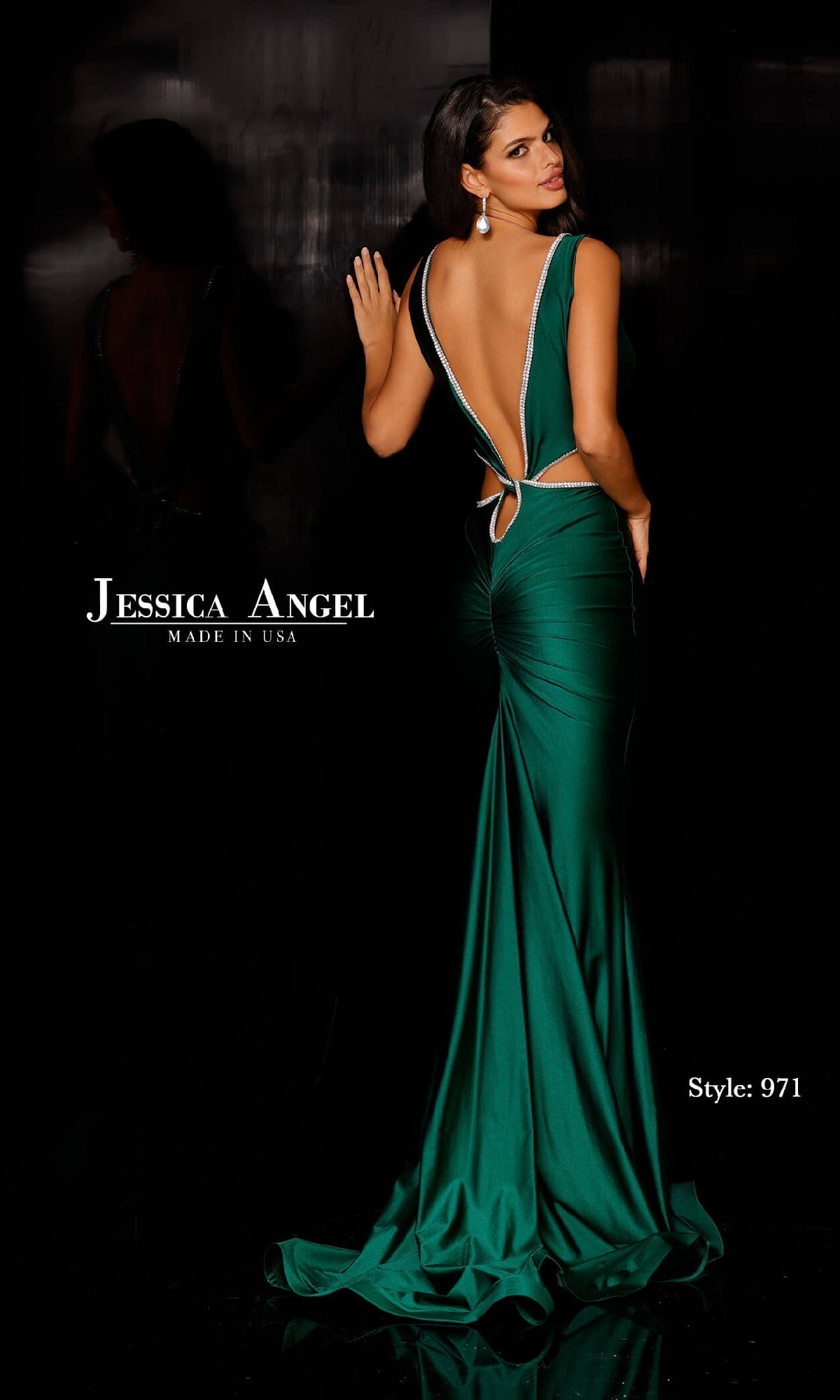 Woman wearing a Sexy Cut-Out Long Formal Dress: Jessica Angel 971 in emerald green with ruched design and train, posing against a dark background. Text: